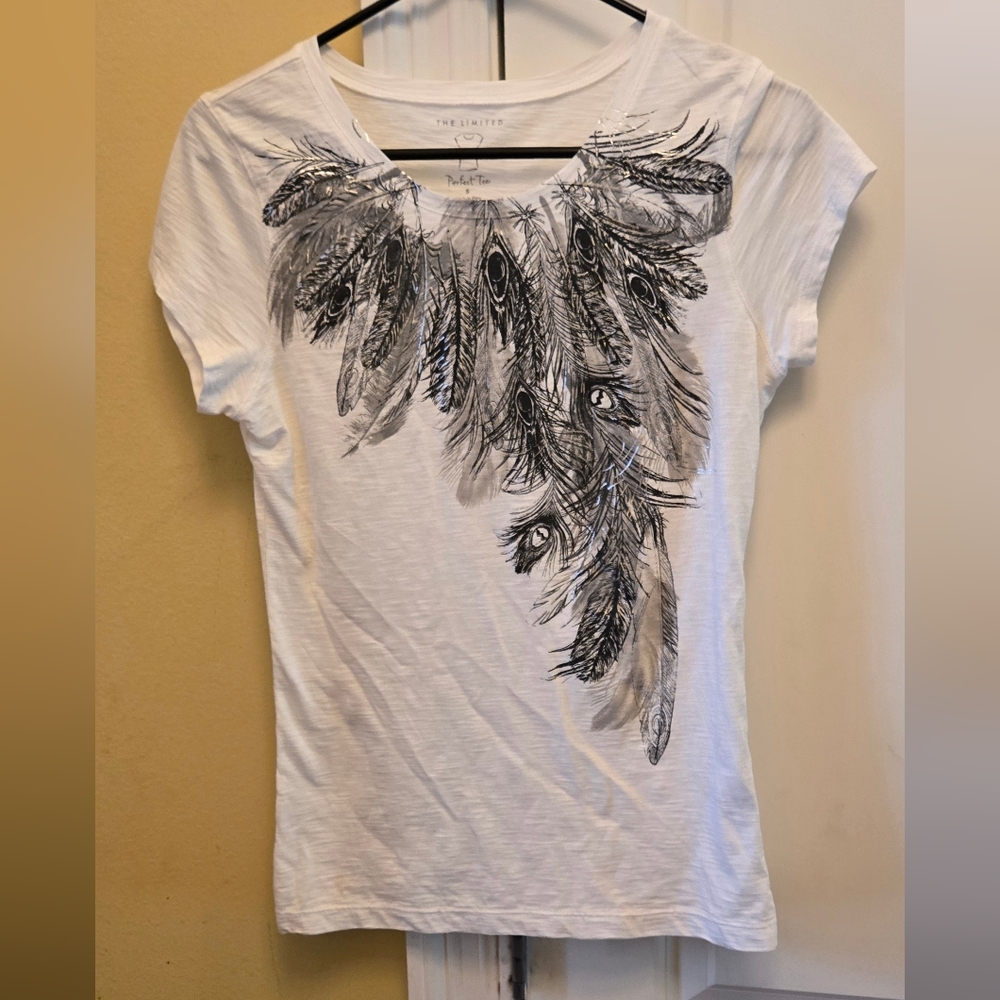 The Limited Womens Fitted Graphic Tee White Silver Feather Printed Short Sleeve